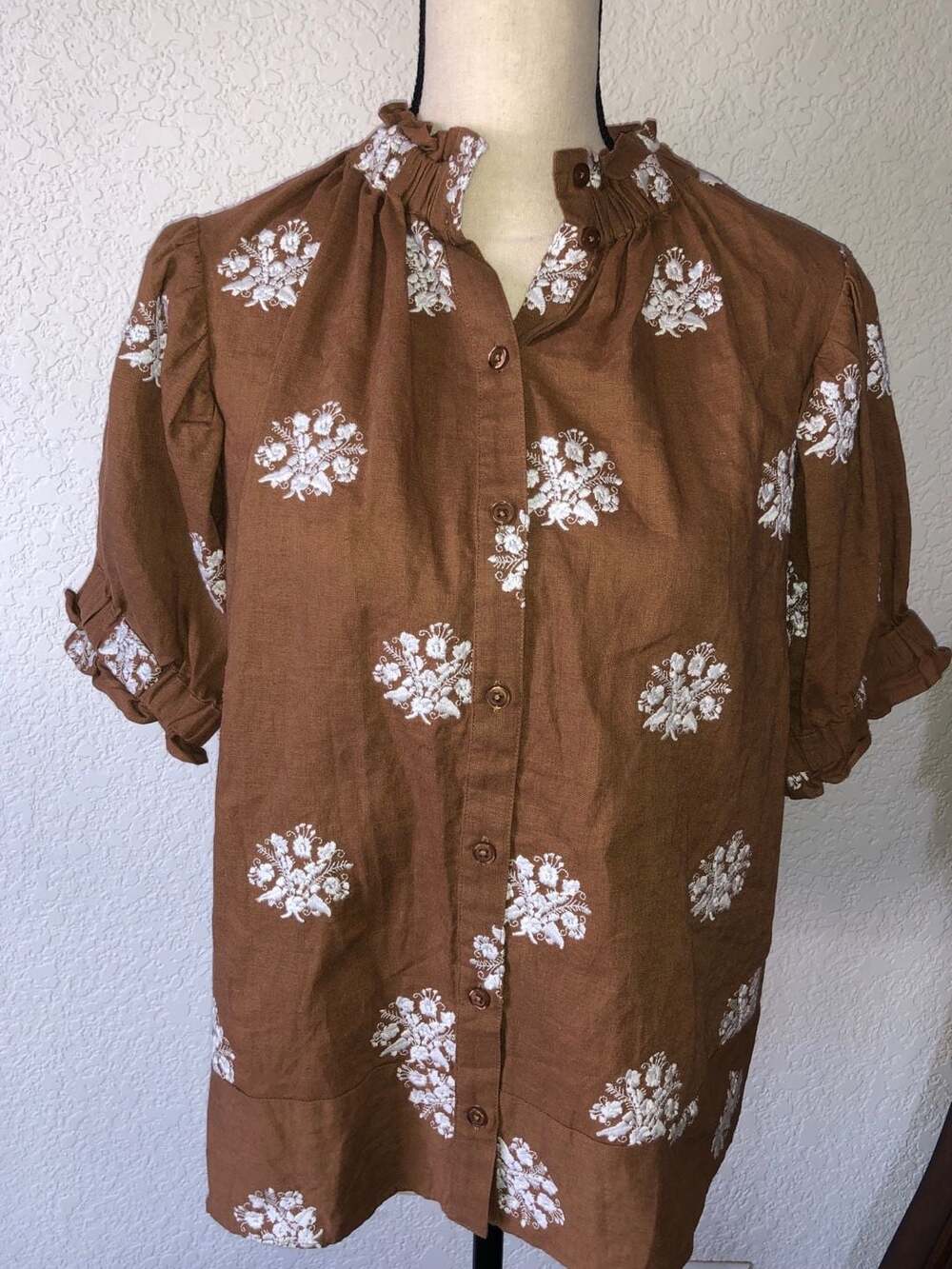 Never A Wallflower Brown White Floral Embroidered Puff Sleeve Top